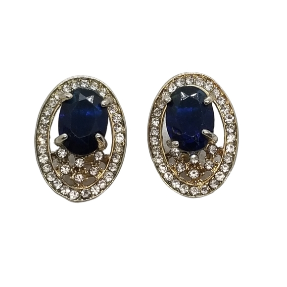 VINTAGE GOLDTONED EARRINGS WITH BLUE & WHITE AUSTRIAN CRYSTALS - Picture 4 of 5